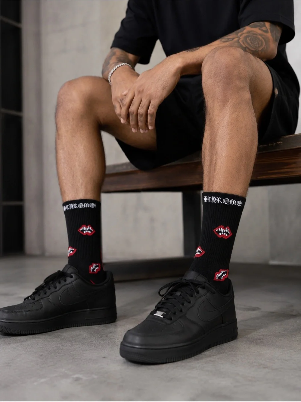 Chrome Hearts Chomper Black Graphic Crew Socks with Red & White Lip Motif